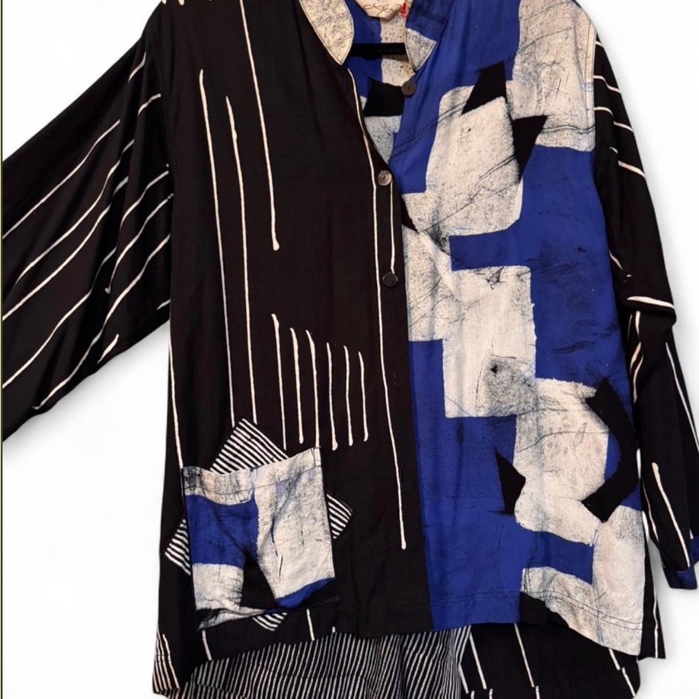 Vintage Lyng patchwork Mock collar Button-up art Blouse